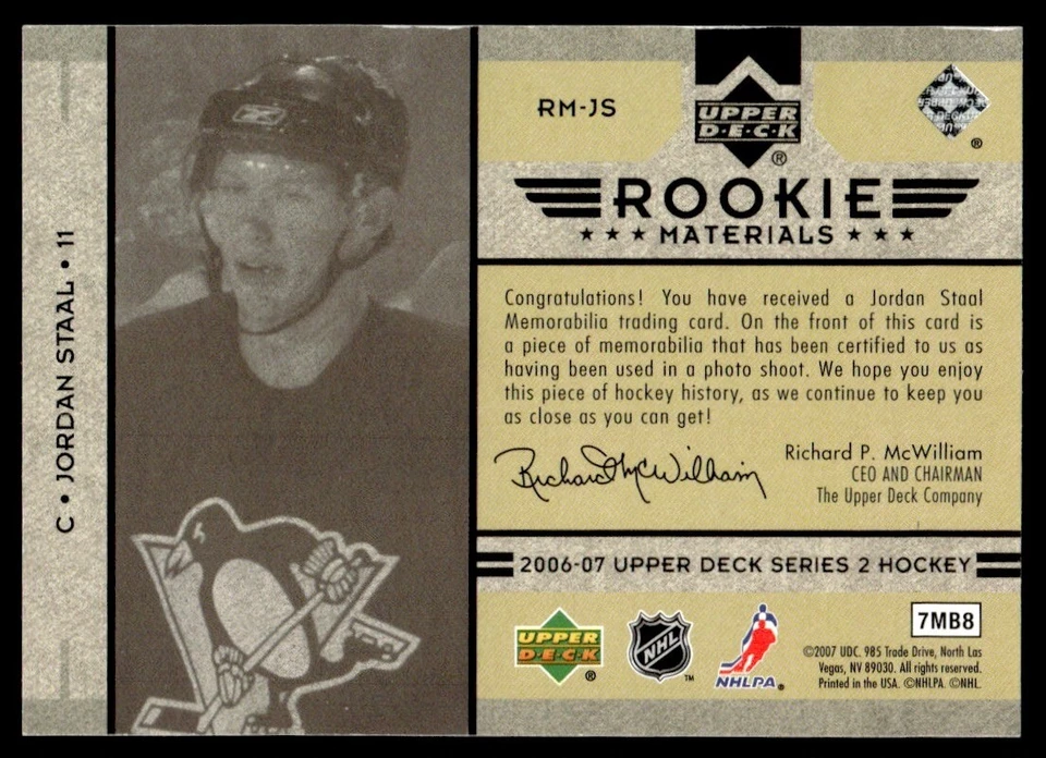 2006-07 Upper Deck Rookie Materials Jordan Staal Pittsburgh Penguins #RM-JS - Image 2 of 2