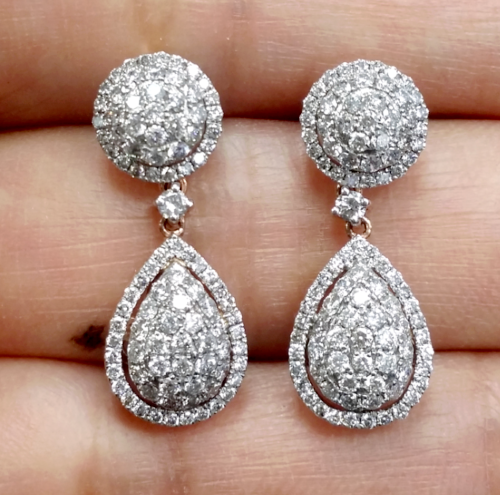 Damen Drop Halo Push Back Ohrring D/VVS rund Labor erstellt Diamant 925 Silber - Bild 1 von 3