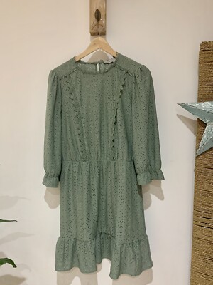 OASIS salbeigrün Stickerei Anglais Langarm Stufenkleid Gr. M UVP 46,00 £