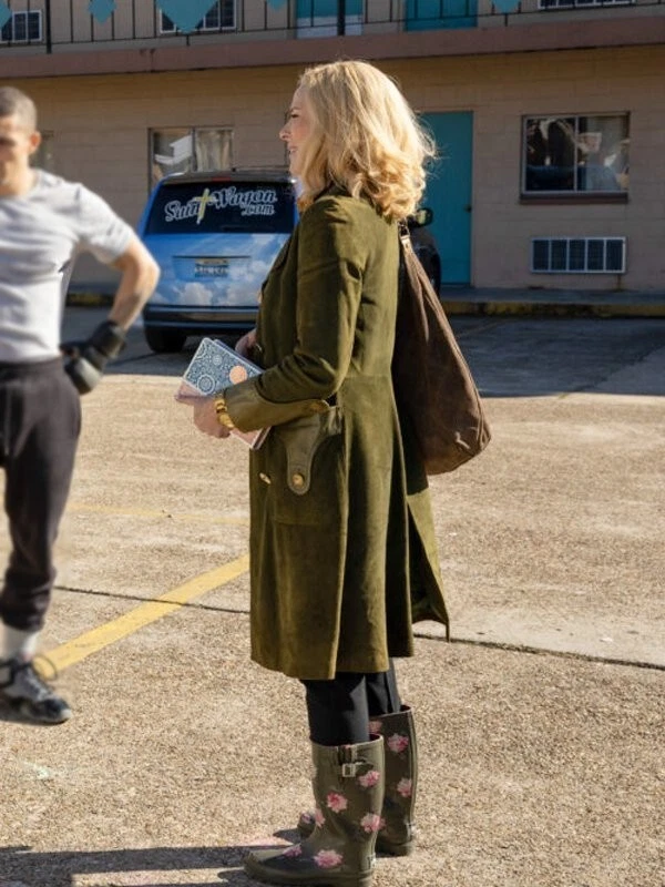 Womens Olive Green Suede Leather Trench Coat Size S M L XL XXL 3XL Custom Made - Image 4 of 4