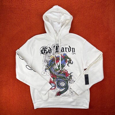 ED HARDY Mens LARGE Retro White Dragon Fleece Streetwear Hoodie Y2K NEW
