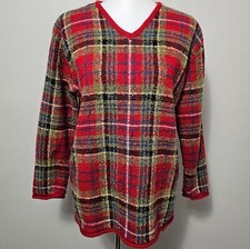Vintage Liz Claiborne Red  Green Plaid Wool Blend Vneck Sweater Size Medium