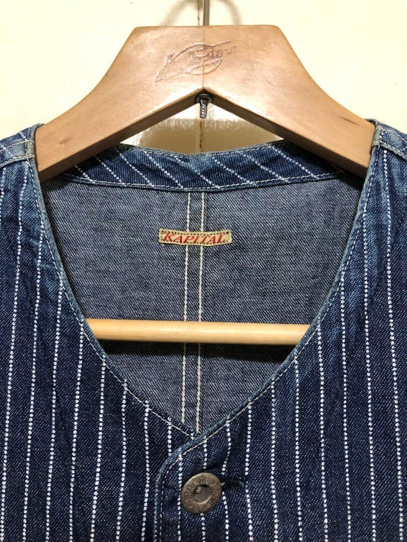 KAPITAL Wabash Work Vest Indigo/White Striped Pattern Size 3