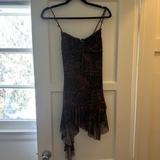 Brown Red Animal Floral Asymmetric A-Line Dress Sleeveless Ruffle Layered Size S