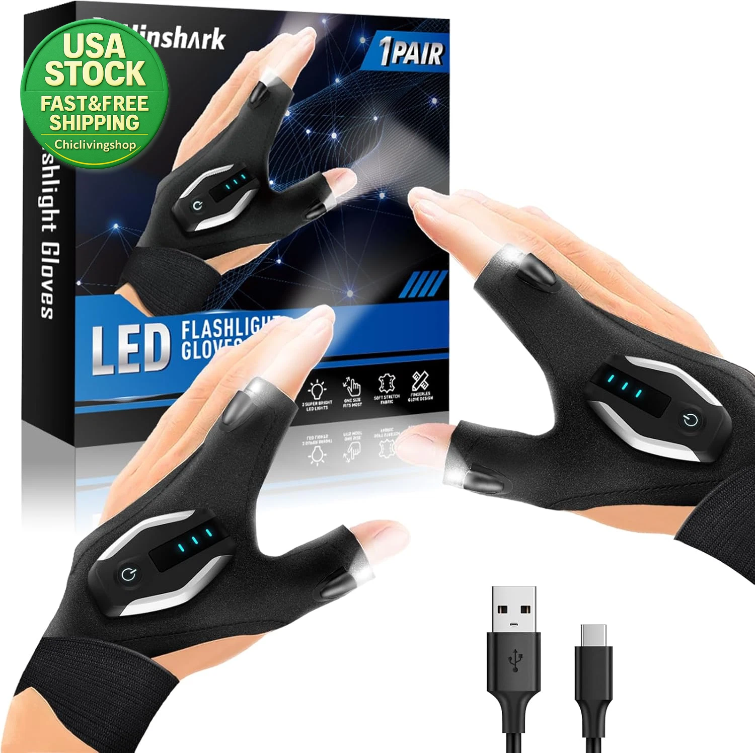LED Flashlight Gloves Rechargeable Gifts for Men Dad Husband Camping Tools