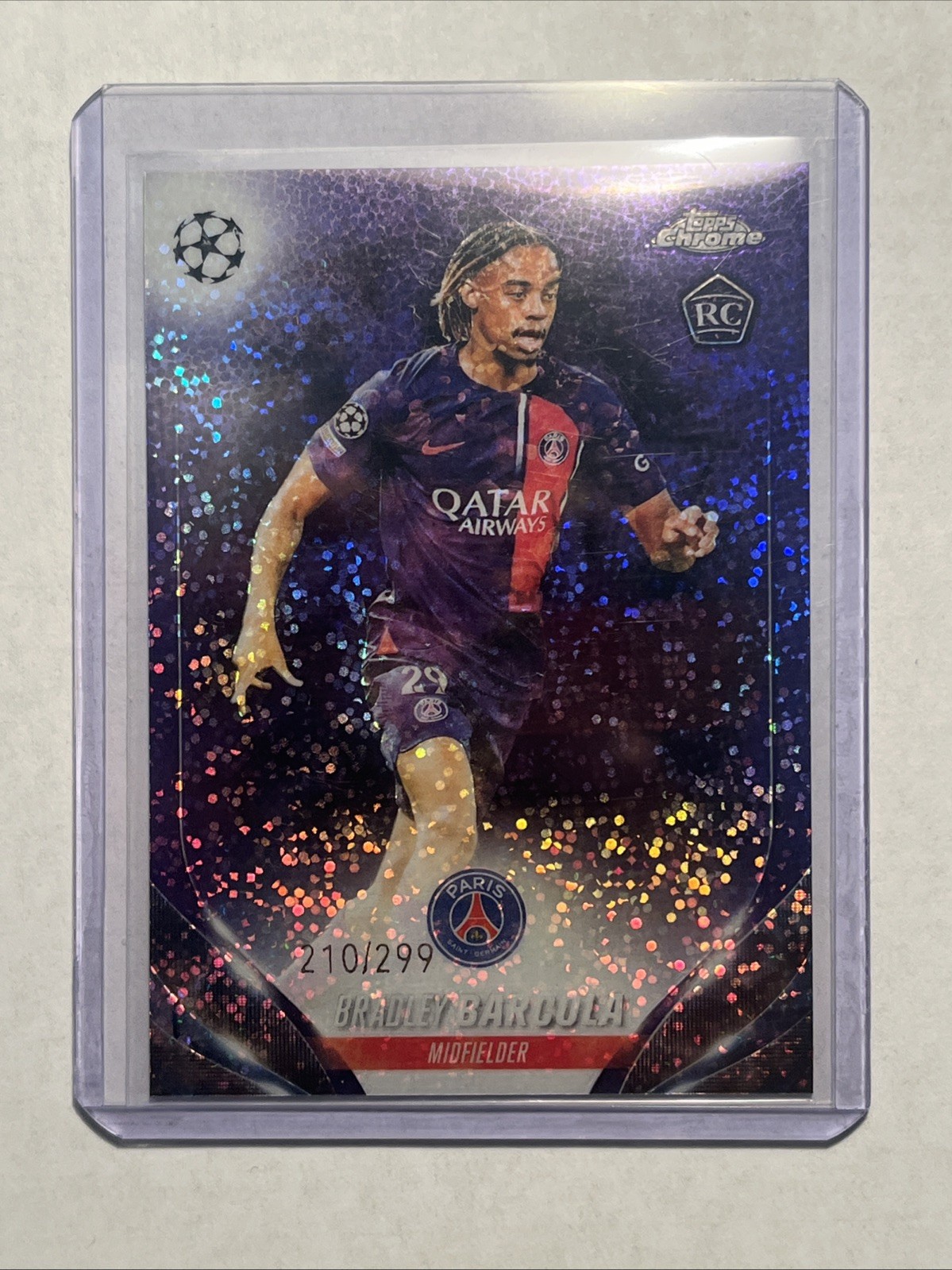 2023-24 Topps Chrome UEFA Bradley Barcola #69 Violet Speckle Refractor /299 (RC)