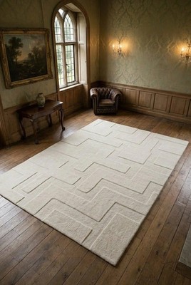 Cream Geometric Hand Tufted Rug, 3D Textured High Low Area Rug, Minimalist Ivory