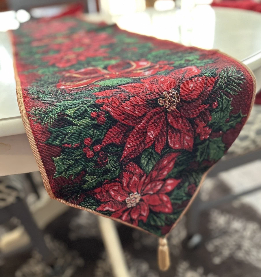 Christmas Table Runner Tapestry Tassels Poinsettias Burgandy/ Green 70" x 13" - Image 2 of 4