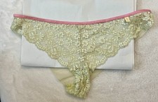 NWOT DKNY womens cheeky bikini panties; Size L; pale green lace w/ pink trim.