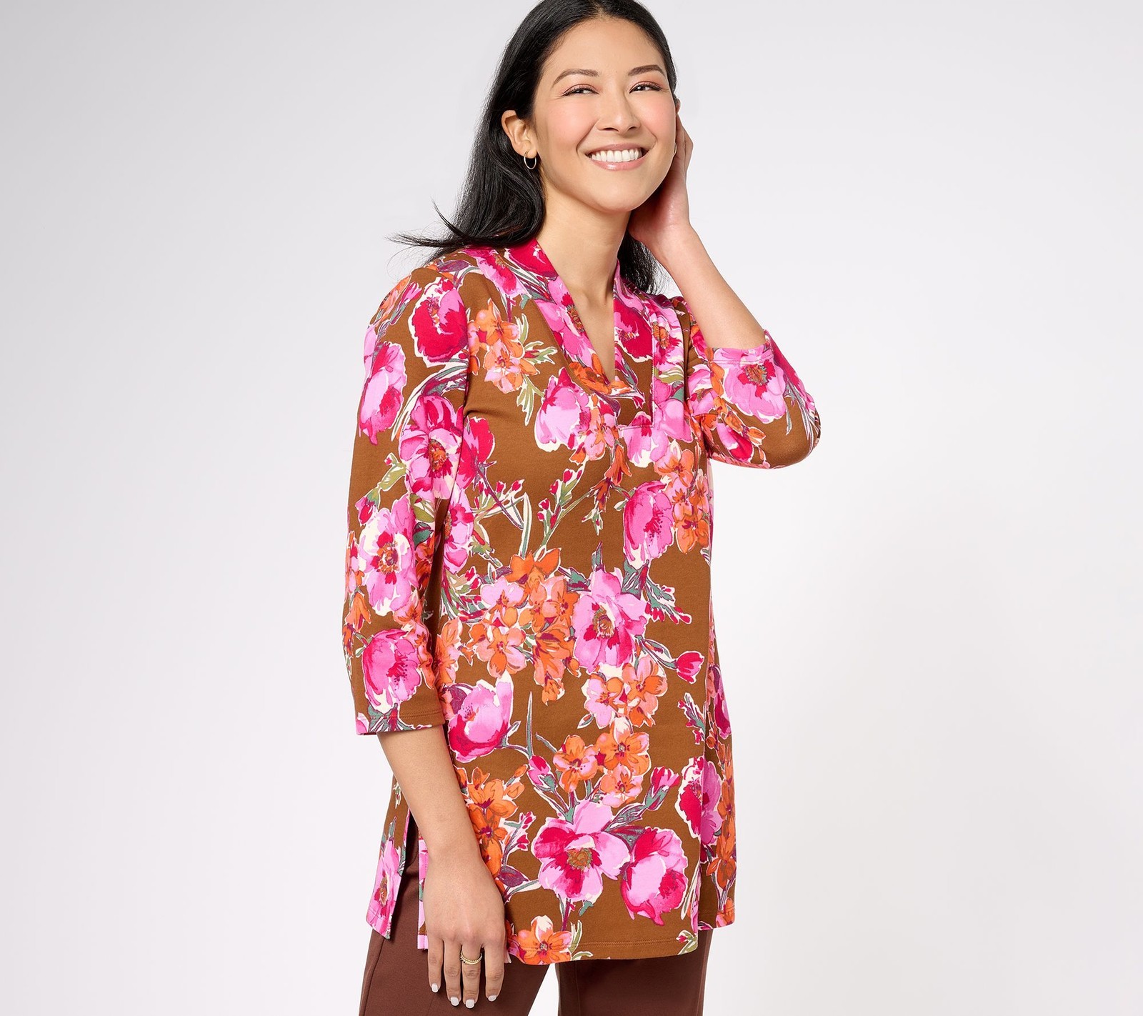 Isaac Mizrahi Live! Women's Top Sz S Regular Printed Floral Sleeve Brown A609954