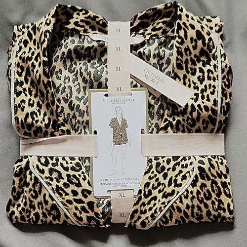 NWT $80 Victoria's Secret Silky Satin Short Pajama PJ Set Leopard Print XL
