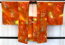 Japanese Vintage Kimono Haori Jacket Polyester Orange Traditional Authentic 32in