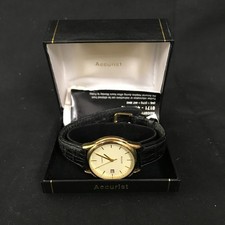 Accurist Men's Watch Gold Tone Case Black Leather Strap Boxed Req. Battery