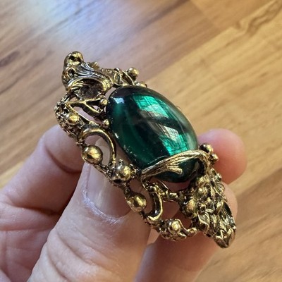Green Glass Brooch Gold Tone Ornate Holiday Victorian Revival Vintage Pin