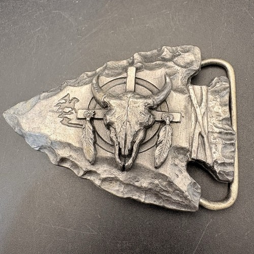 Vintage 1988 Siskiyou B-85/S Bull Skull Arrowhead Belt Buckle Western USA Pewter