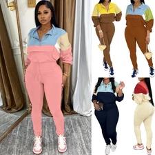 Womens 2pcs Outfits Lapel Half Zip Long Sleeve Sweatshirts Sweatpants Sweatsuits