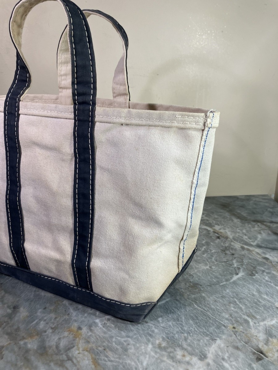 バッグ L.L. Bean BOAT AND TOTE MEDIUM 1980s LL Bean Boat And Tote Medium Canvas Bag Beige Navy Blue Open
