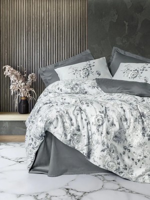 Satin Bettwäsche Grau 200x220 Baumwolle 6-teilig Doppelbett, Blume, Cottonbox