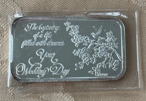 Vintage .999 Fine 1 Troy Ounce Silver Art Bar Your Wedding Day Design
