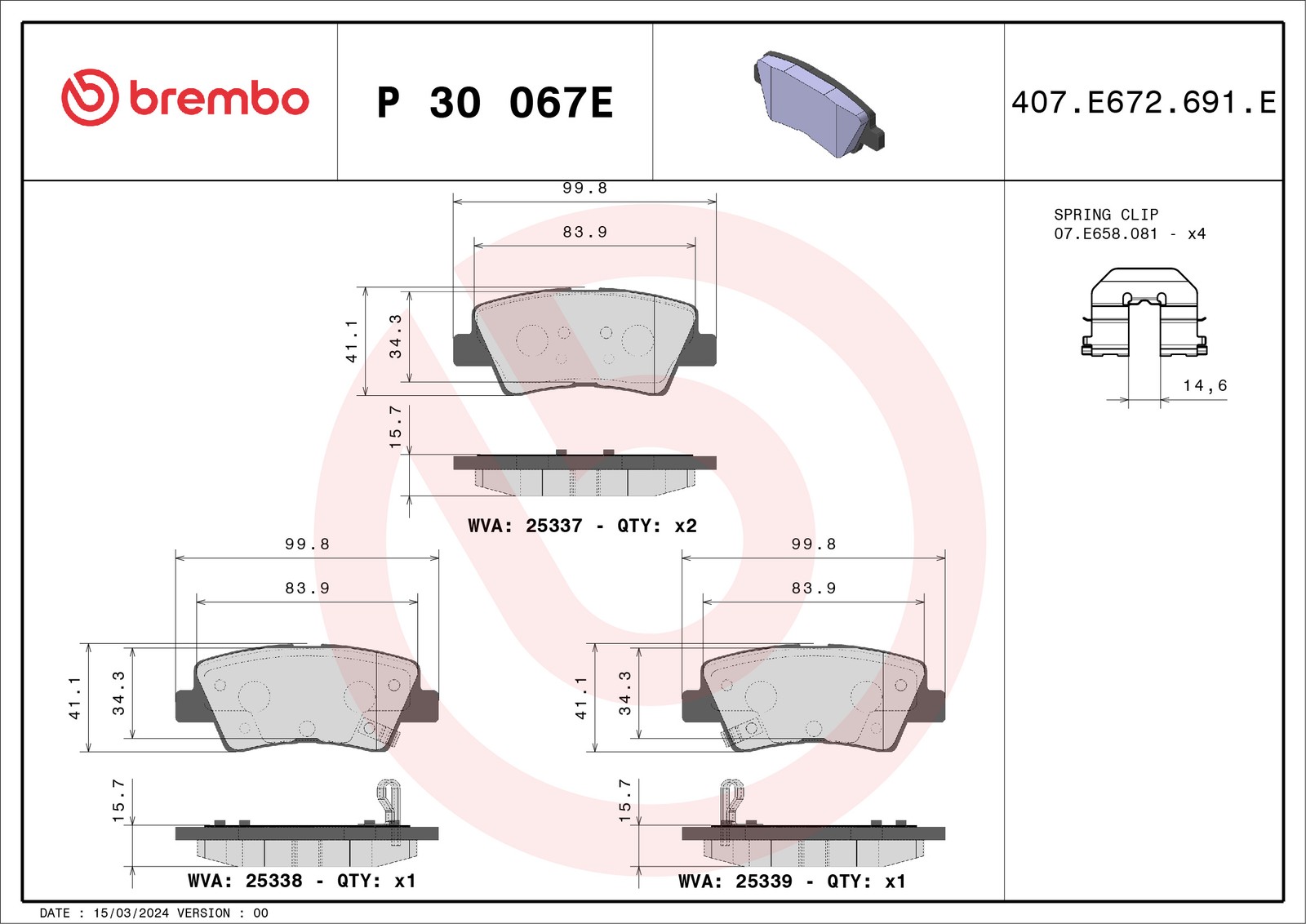 Fits BREMBO P 30 067E HAM PADS.  TYú KIA