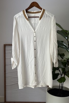 NWT Womens STEFFEN SCHRAUT Cream 100% Silk Button Down Tunic Top Shirt Blouse 36