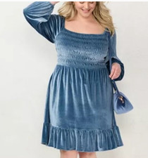 Lauren Conrad LC Smocked‎ Velvet Blue Mini Dress Ruffles Milk Made Size XL