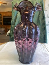 Tall Fenton Purple Amethyst Plum Diamond Optic Melon Ruffled Top Vase 11