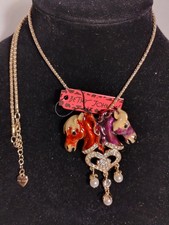 Betsey Johnson Double Horse Head Enamel & Clear Rhinestone Necklace New W/Tags 