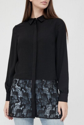 V By Very Women's Longline Lace Hem Button Shirt Top Black UK Size 18 RRP £39.99