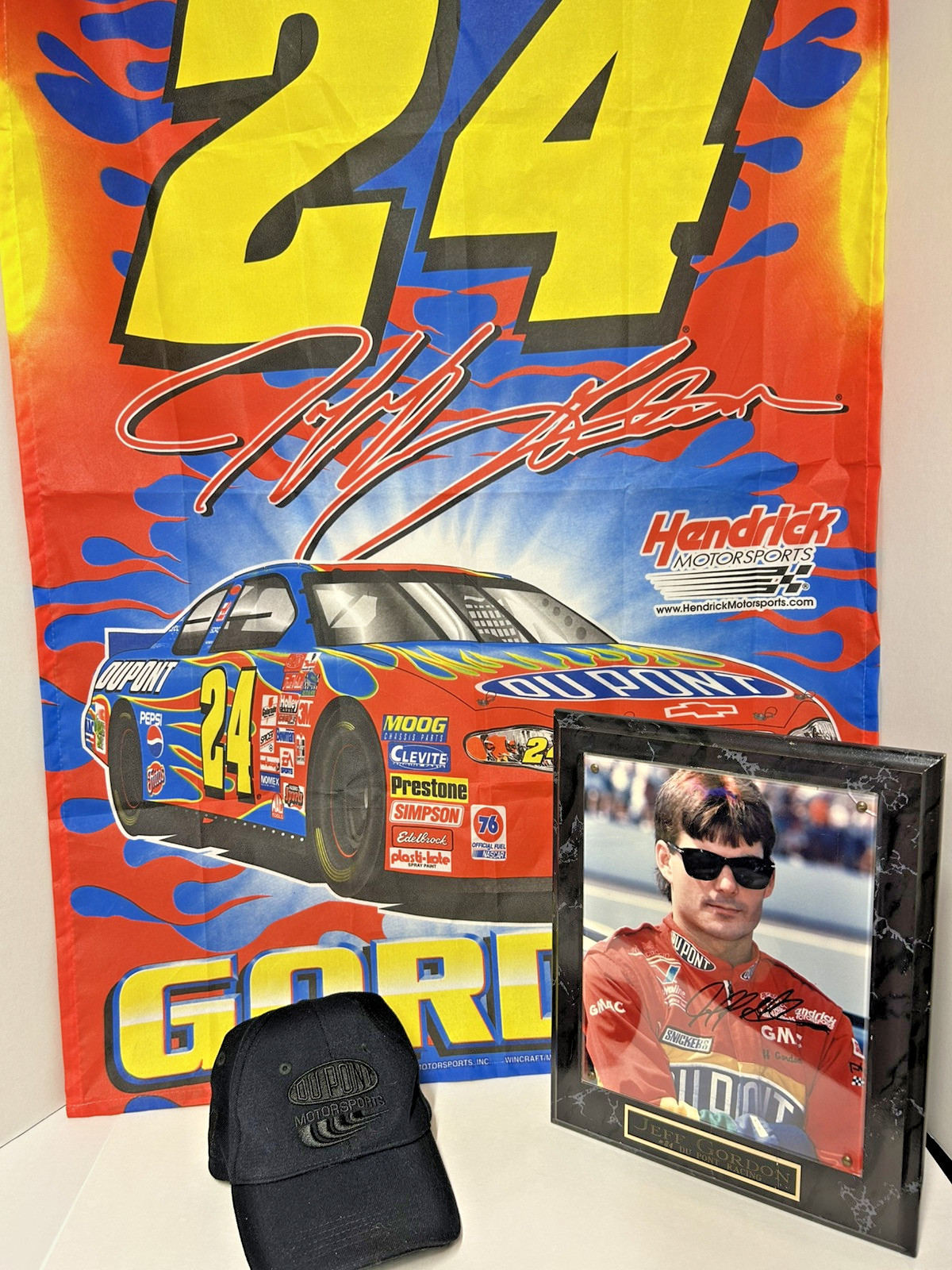 NASCAR- Jeff Gordon- Lot of 3 -Dupont Hat, 8X10 Plaque & Outdoor Flag- Preowned