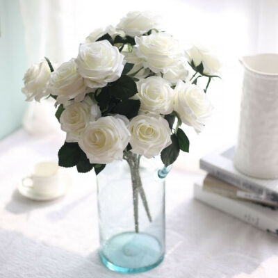 10Köpf Weiß Seide Rose Künstliche Blumen Fake Bouquet Hochzeit Home Party Dekor