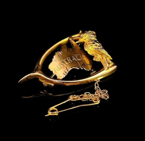 9 ct Yellow Gold Australia Brooch, 35X22 mm, Wishbone, Kookaburra, Map, Antique - 第 7/15 張圖片
