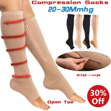 Zip Up Compression Socks High Leg Support Knee Slimming Stocking Open Toe Unisex