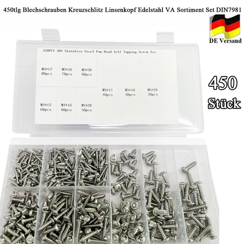 450tlg Blechschrauben Kreuzschlitz Linsenkopf Edelstahl VA Sortiment Set DIN7981 - Bild 1 von 12