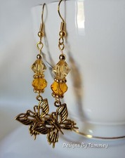 Artisan Gold Tone BUTTERFLY   Crystal Long Dangle Fashion Earrings    OOAK