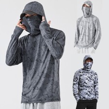UPF50 Mens Outdoor Fishing Hoodie Sun Block Skin Face Protection Long Sleeve  