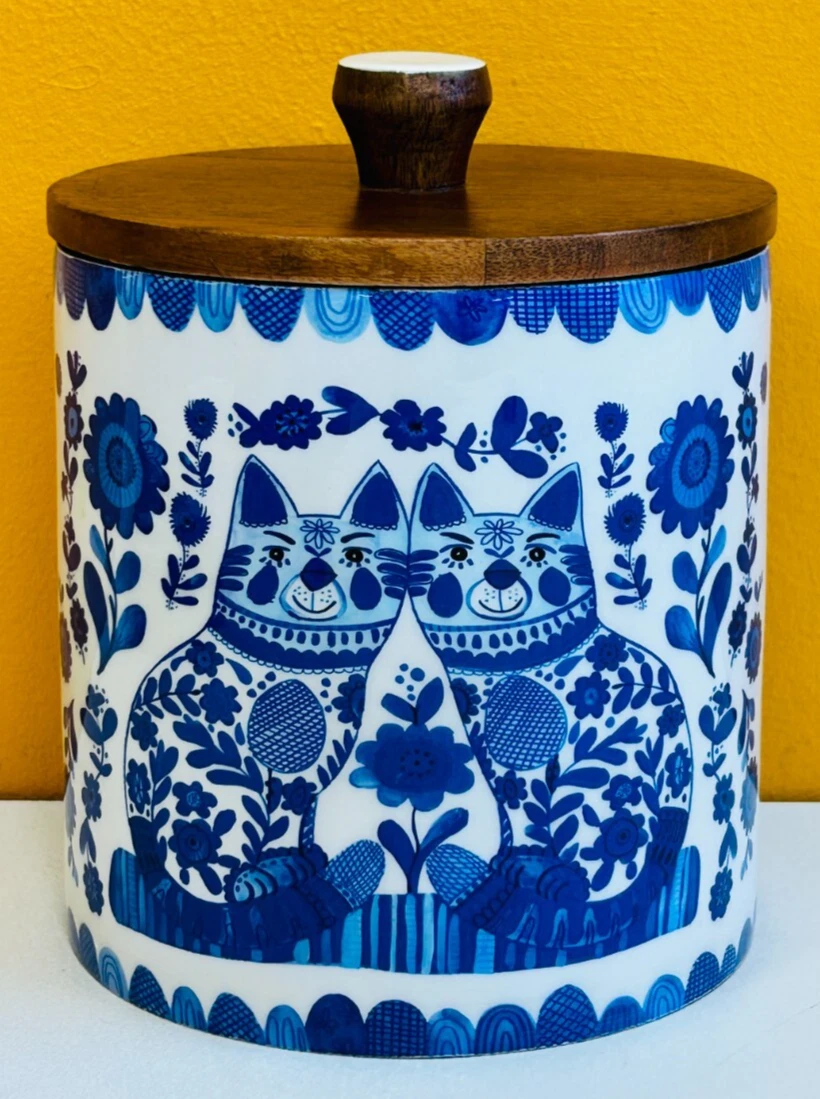 Kay Widdowson / 180 Degrees S10783 Staffordshire Cat Blue Wood Canister. New!