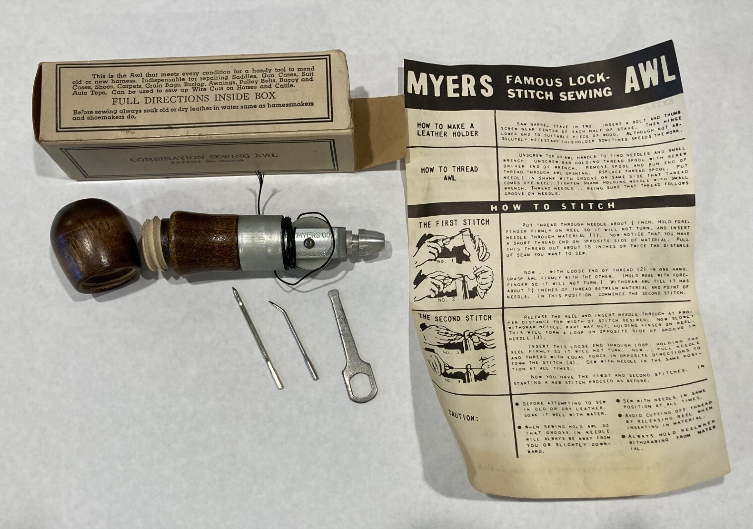 2 Vintage Sewing Awls - C. A. Myers Leather Complete in Box + Red Curved Tailor?