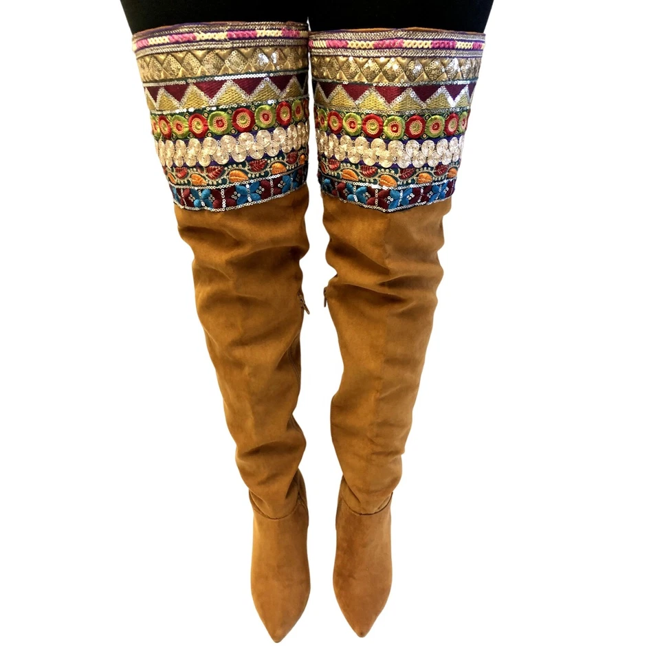 Vtg 80's Style BOHEMIAN EMBELLISHED Thigh High Tall FESTIVAL Boots Stiletto Heel - Image 3 of 4
