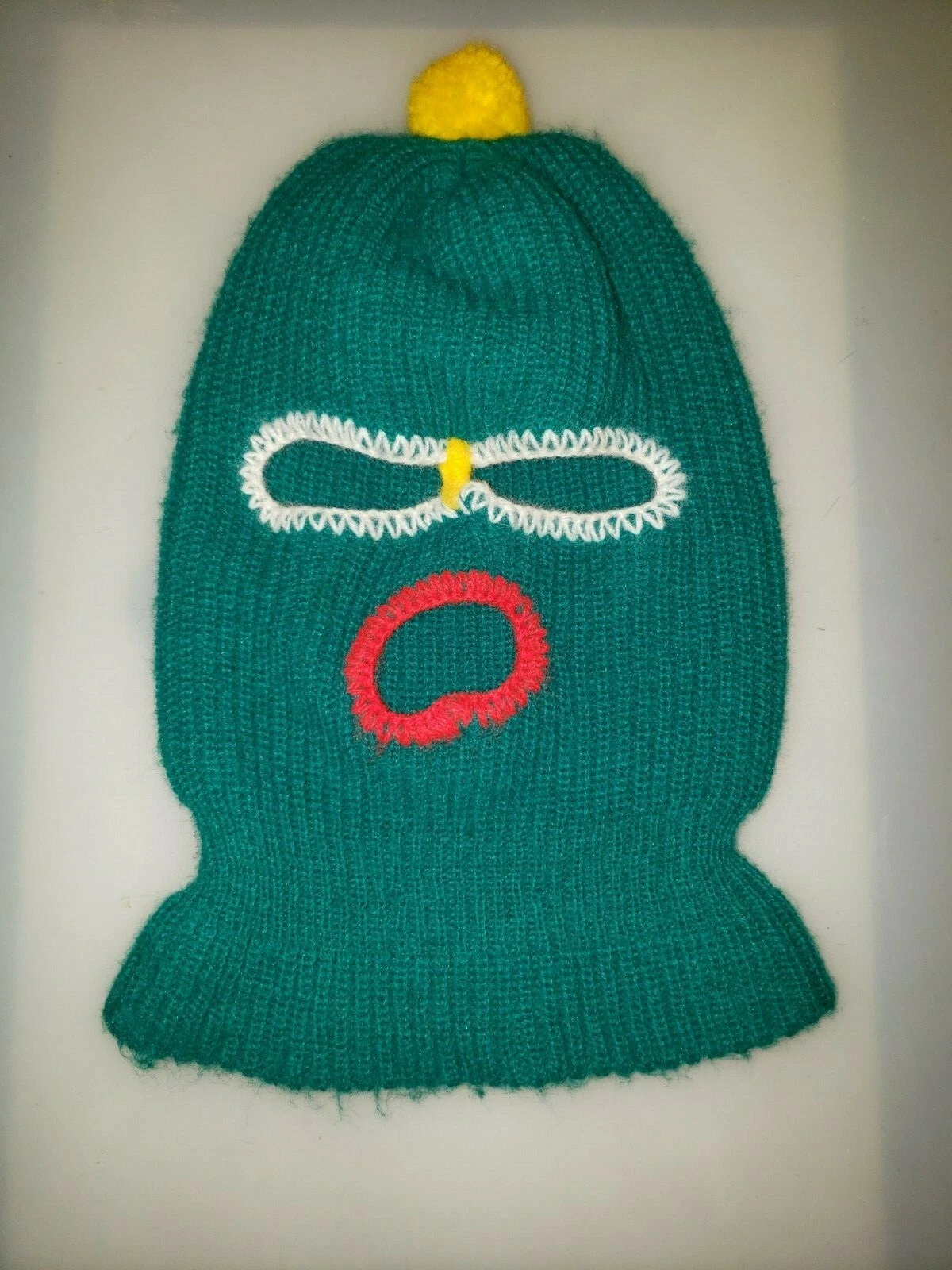 Vintage Green Knit Full Face Ski Mask Winter Gear Knitted Yellow Top One Size