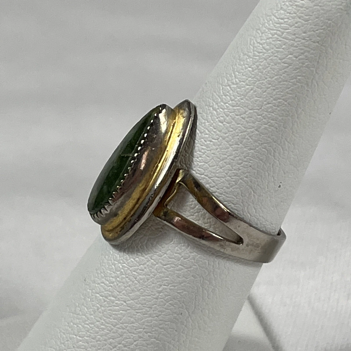 Vintage EMMONS 12K Yellow GF Ring Teardrop Shape w Green Jade Stone Sz 6.75