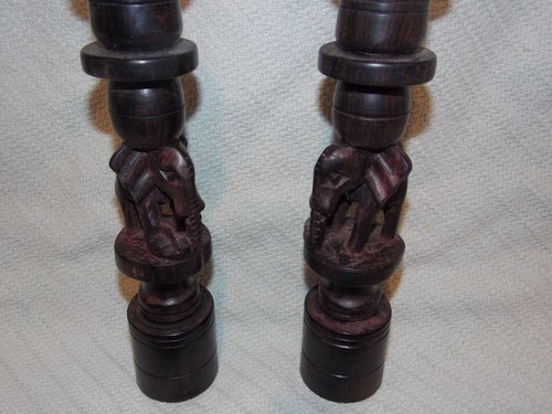 Pair of Vintage Hand Carved Wood Elephant 8.5" Taper Candle Sticks +++ 2 Candles - Picture 2 of 12