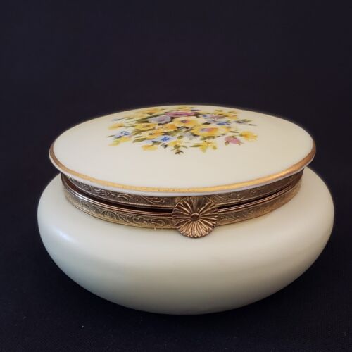 TRINKET BOX Handpainted Porcelaine Round Floral & Metal Hinged 3" Diameter READ  - Picture 1 of 12