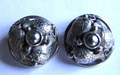 Ohrclips 830 Silber Fische/Kois,Monogr.''LJ''=Laurits Jensen Dänemark,Vintage,15mm