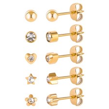 5 Pairs G23 Titanium Ear Piercing Stud Earrings for Sensitive Ears, Cubic Zir...