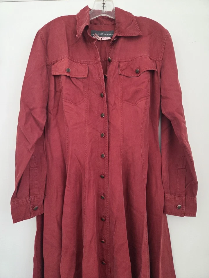 VTG 80s KAREN ALEXANDER 100% Silk Maxi Dress Shirtdress Red Western Prairiecore - Imagem 2 de 4