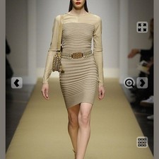 Gianfranco Ferre cashmere knit / lamb leather bodycon dress, Beige, Size S