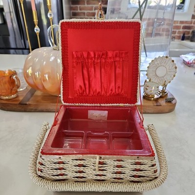 Vintage 1960 s MCM Belding Corticelli  Wicker Sewing Basket Red Interior Japan 