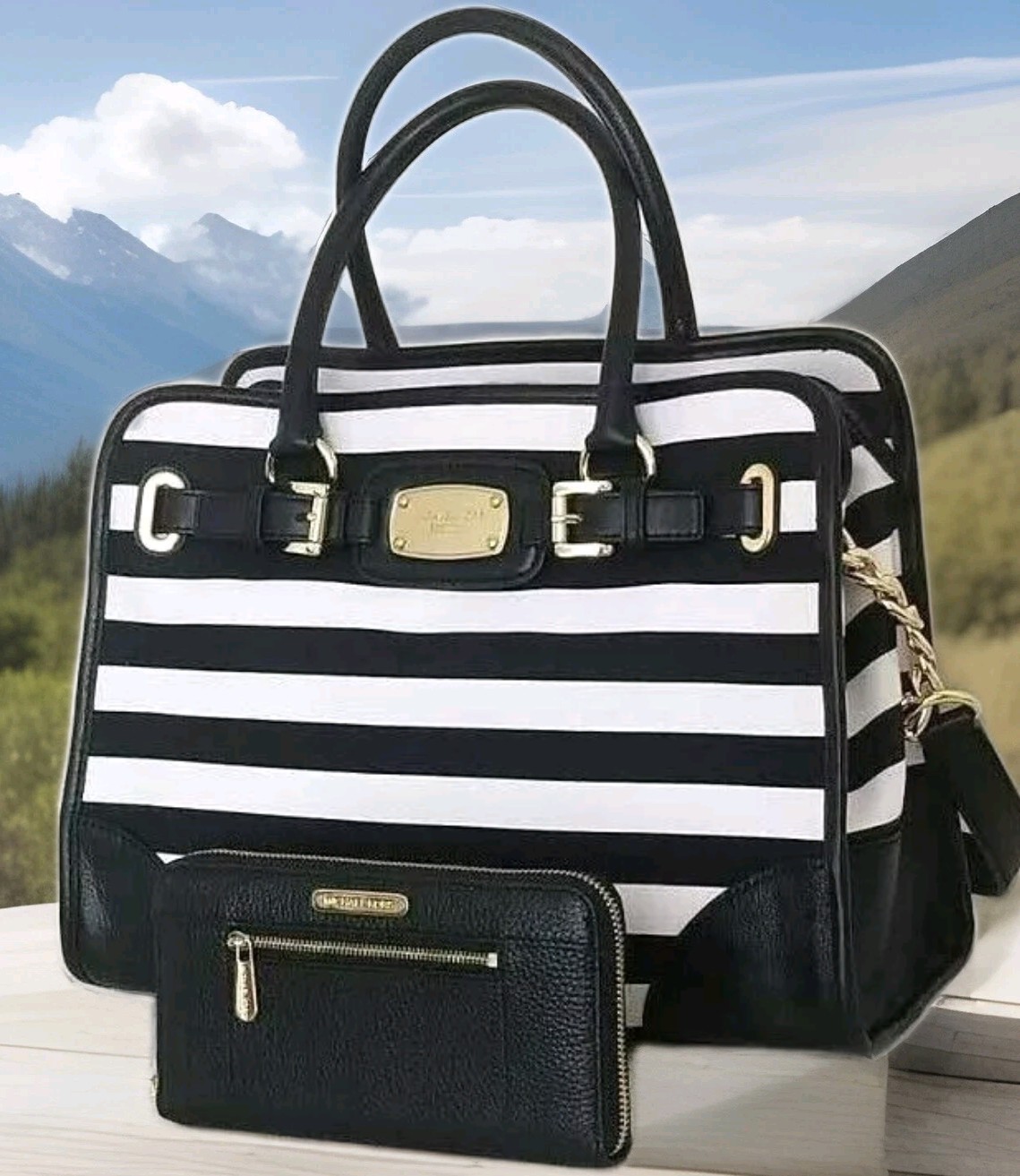 🌞MICHAEL KORS HAMILTON LARGE BLACK WHITE STRIPED TOTE BAG +/OR WALLET SET🌺NWT! image 2