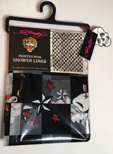 ED HARDY SKULLS  LOGO DESIGNS PRINTED PEVA SHOWER CURTAIN 72  X 72  NWT